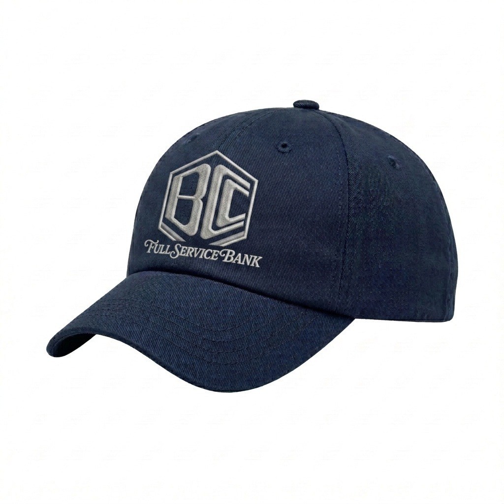USA-made 6U Navy Chino baseball cap, decorated view, manufactured in Newark NJ