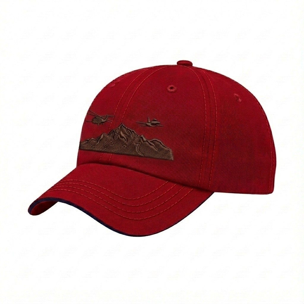 USA-made 6U Red-Navy Chino baseball cap, decorated view, manufactured in Newark NJ