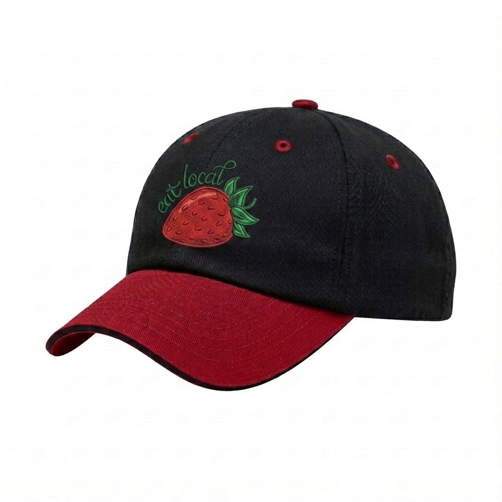 USA-made 6U Black-Red Chino baseball cap, decorated view, manufactured in Newark NJ