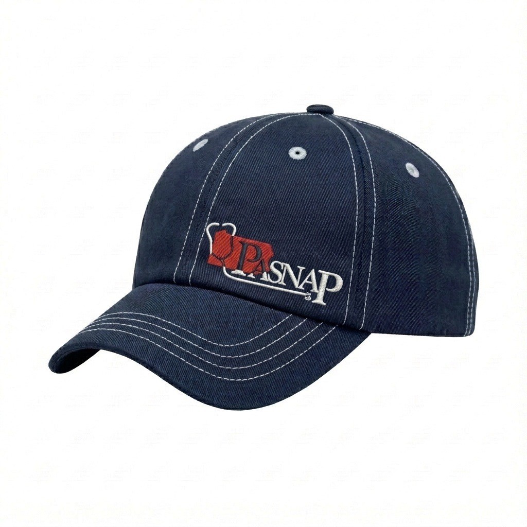 USA-made 6U Navy-White Chino baseball cap, decorated view, manufactured in Newark NJ