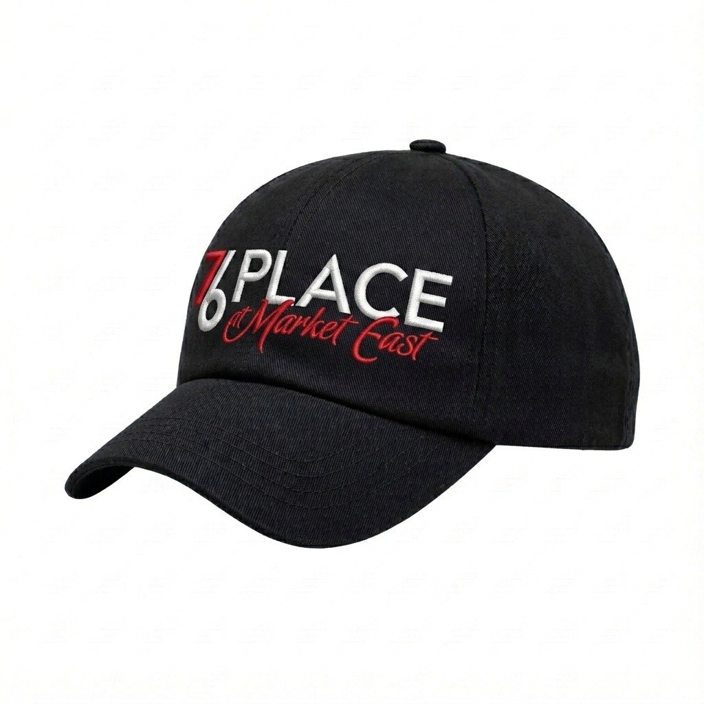USA-made 6U Black Chino baseball cap, decorated view, manufactured in Newark NJ