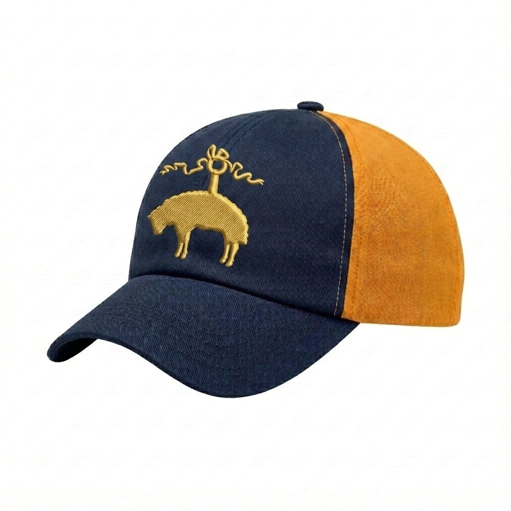 USA-made 6U Navy-Athletic Gold Chino baseball cap, decorated view, manufactured in Newark NJ