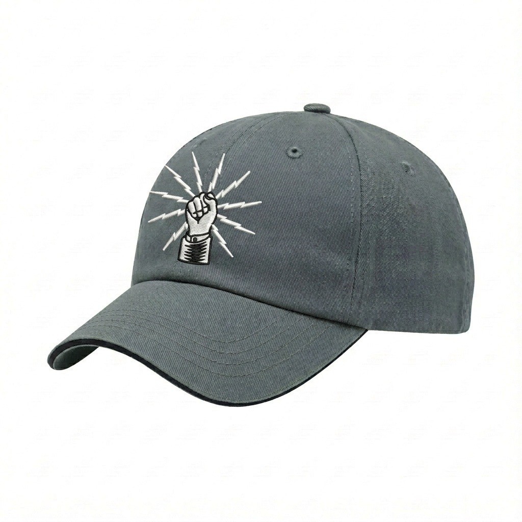 USA-made 6U Light Gray-Black Chino baseball cap, decorated view, manufactured in Newark NJ