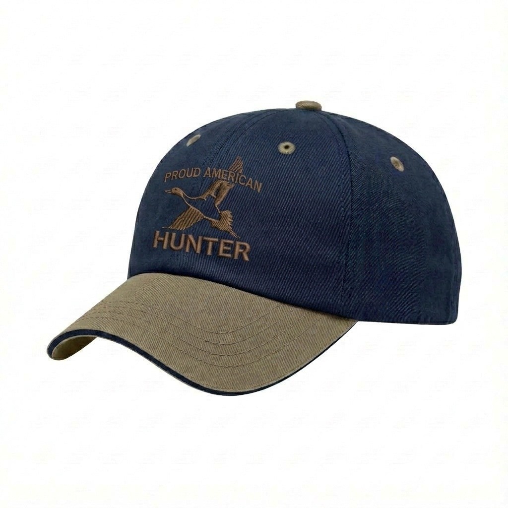 USA-made 6U Navy-Khaki Chino baseball cap, decorated view, manufactured in Newark NJ