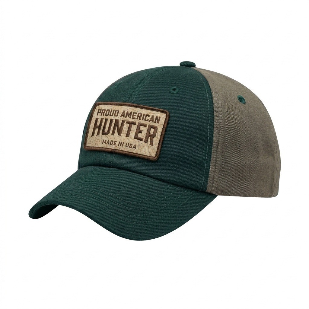 USA-made 6U Hunter Green-Khaki Chino baseball cap, decorated view, manufactured in Newark NJ