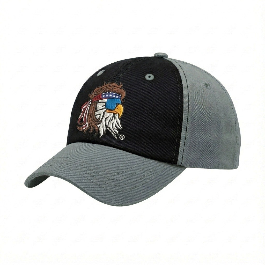 USA-made 6U Black-Light Gray Chino baseball cap, decorated view, manufactured in Newark NJ