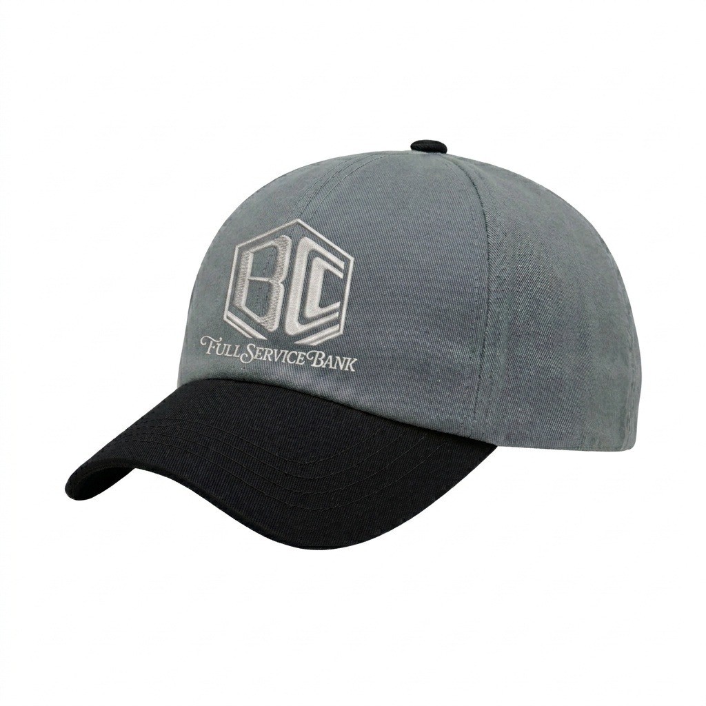 USA-made 6U Light Gray-Black Chino baseball cap, decorated view, manufactured in Newark NJ