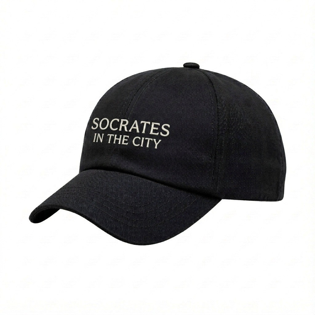 USA-made 6U Black Chino baseball cap, decorated view, manufactured in Newark NJ