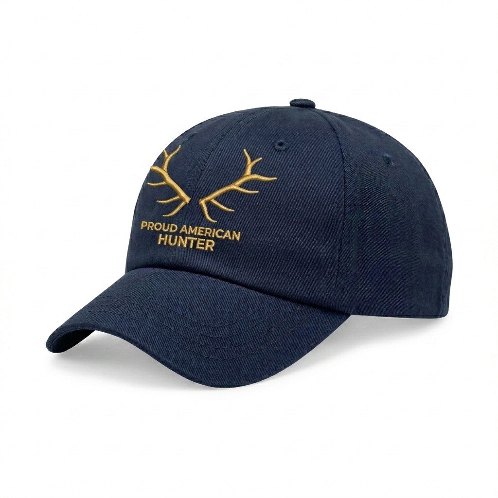 USA-made 6U Navy Chino baseball cap, decorated view, manufactured in Newark NJ