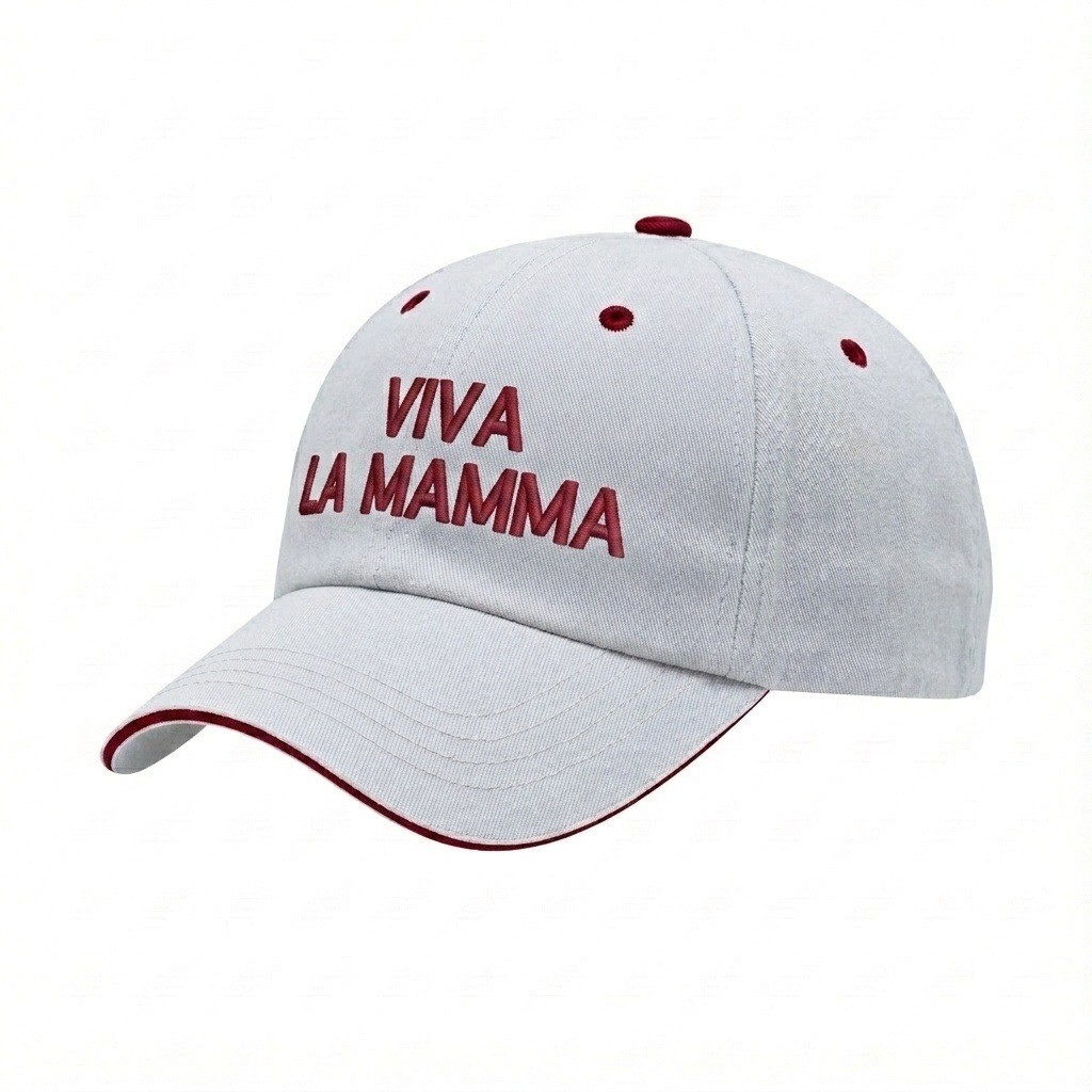USA-made 6U White-Red Chino baseball cap, decorated view, manufactured in Newark NJ