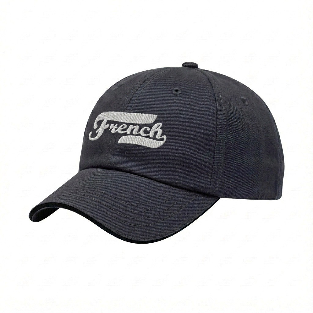 USA-made 6U Dark Gray-Black Chino baseball cap, decorated view, manufactured in Newark NJ