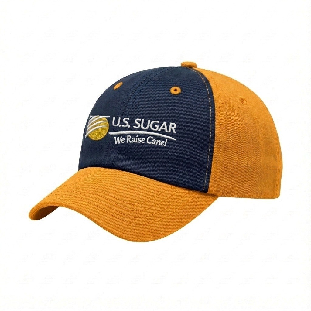 USA-made 6U Navy-Athletic Gold Chino baseball cap, decorated view, manufactured in Newark NJ