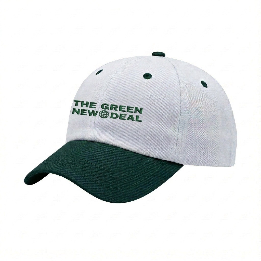 USA-made 6U White-Hunter Green Chino baseball cap, decorated view, manufactured in Newark NJ