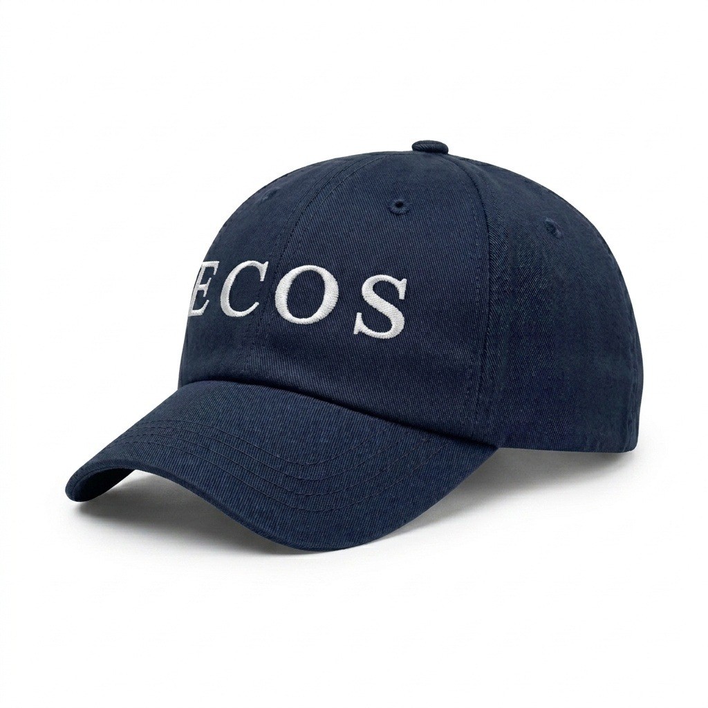 USA-made 6U Navy Chino baseball cap, decorated view, manufactured in Newark NJ