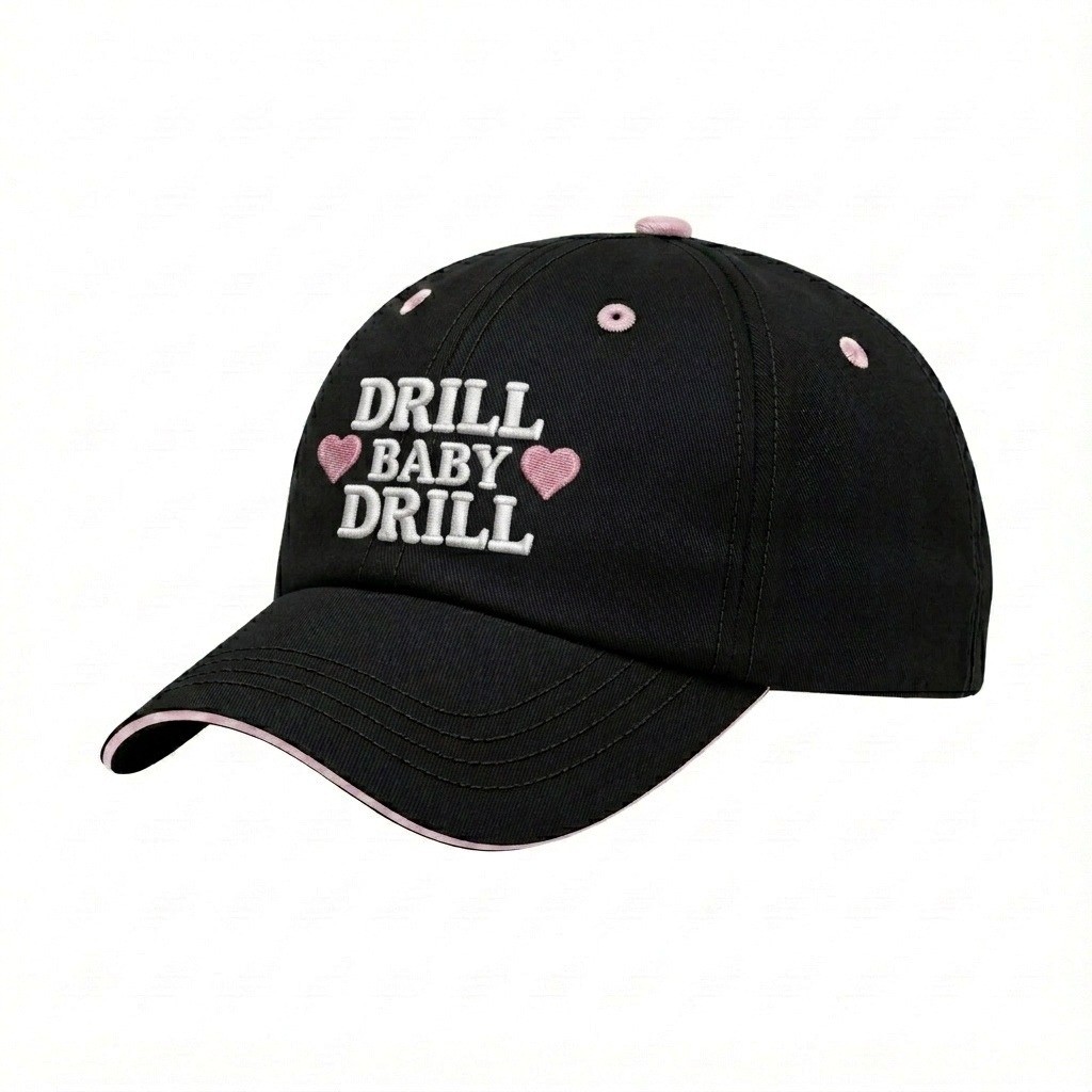 USA-made 6U Black-Pink Chino baseball cap, decorated view, manufactured in Newark NJ