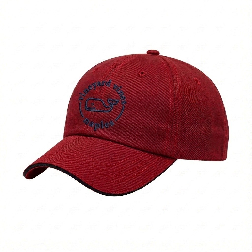 USA-made 6U Red-Black Chino baseball cap, decorated view, manufactured in Newark NJ