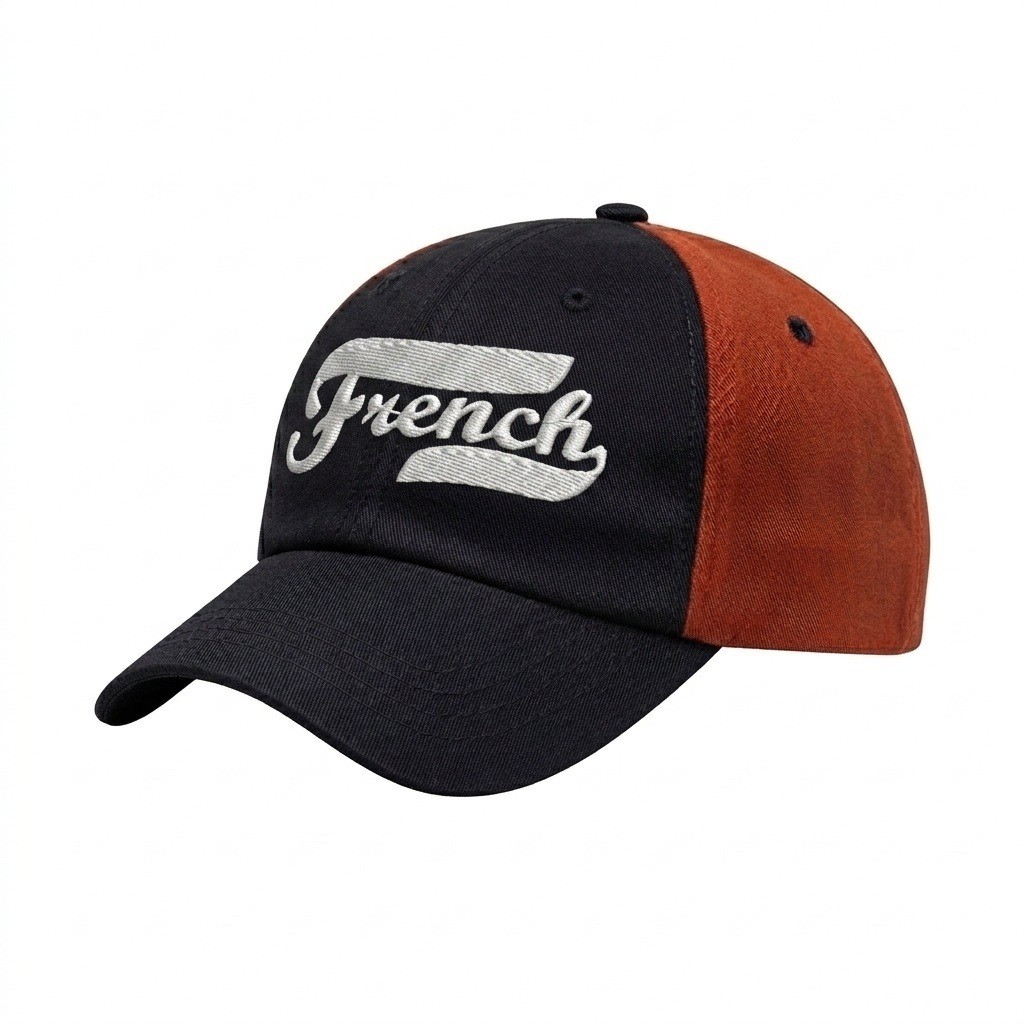 USA-made 6U Black-Orange Chino baseball cap, decorated view, manufactured in Newark NJ