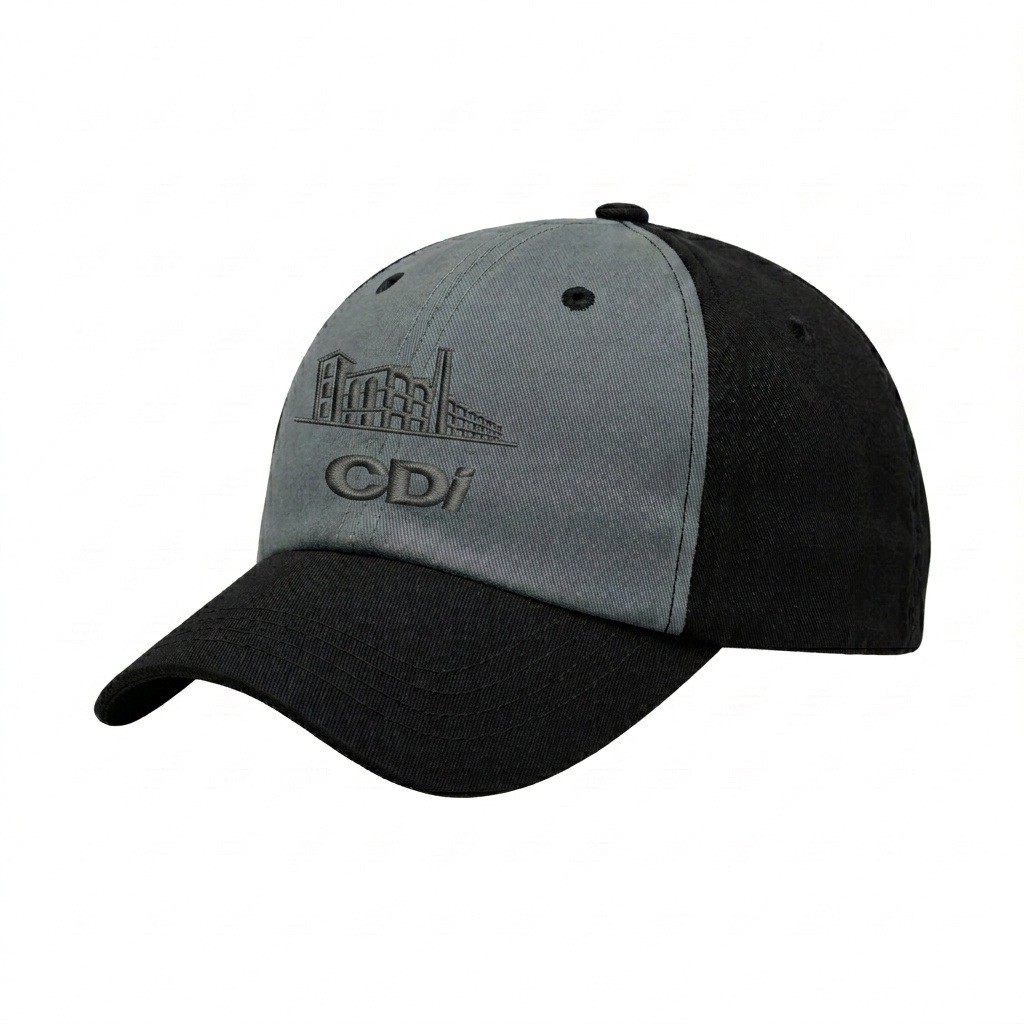 USA-made 6U Light Gray-Black Chino baseball cap, decorated view, manufactured in Newark NJ