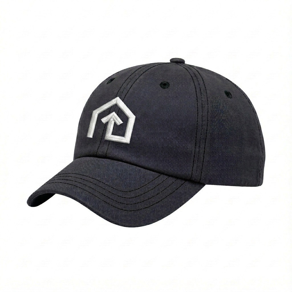 USA-made 6U Dark Gray-Black Chino baseball cap, decorated view, manufactured in Newark NJ