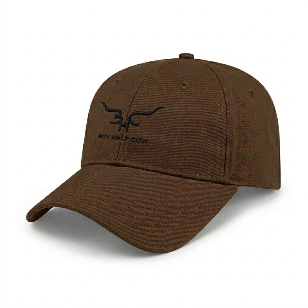 USA-made 6L Brown Brushed Denim baseball cap, decorated view, manufactured in Newark NJ