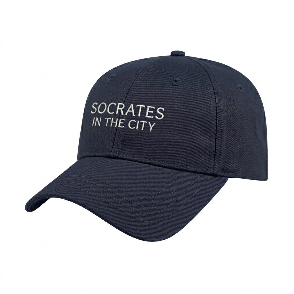 USA-made 6L Navy Brushed Denim baseball cap, decorated view, manufactured in Newark NJ