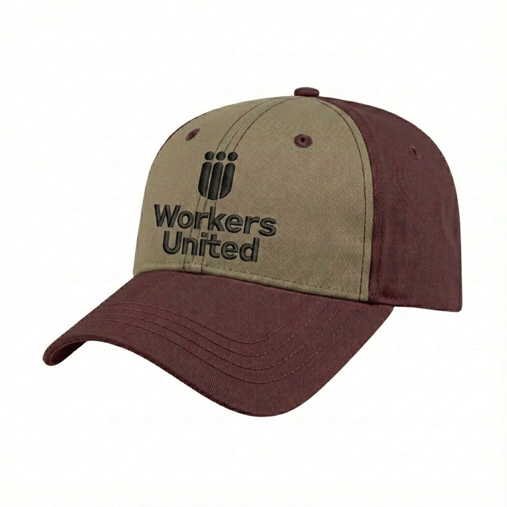 USA-made 6L Khaki-Burgundy Brushed Denim baseball cap, decorated view, manufactured in Newark NJ