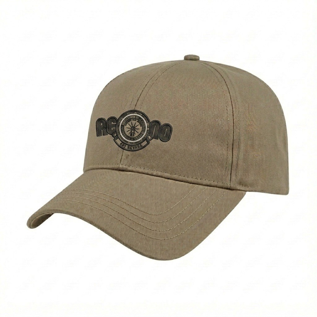 USA-made 6L Khaki Brushed Denim baseball cap, decorated view, manufactured in Newark NJ