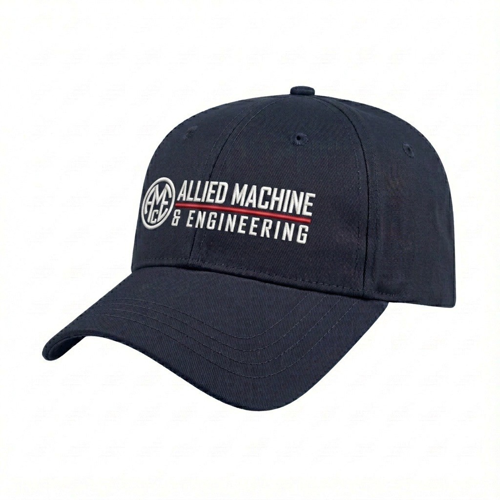 USA-made 6L Navy Brushed Denim baseball cap, decorated view, manufactured in Newark NJ