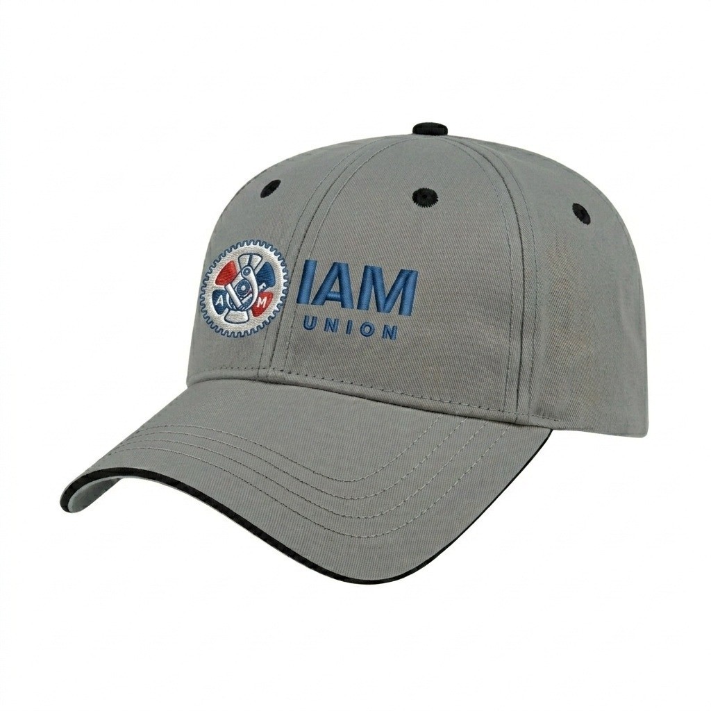 USA-made 6L Light Gray-Black Brushed Denim baseball cap, decorated view, manufactured in Newark NJ