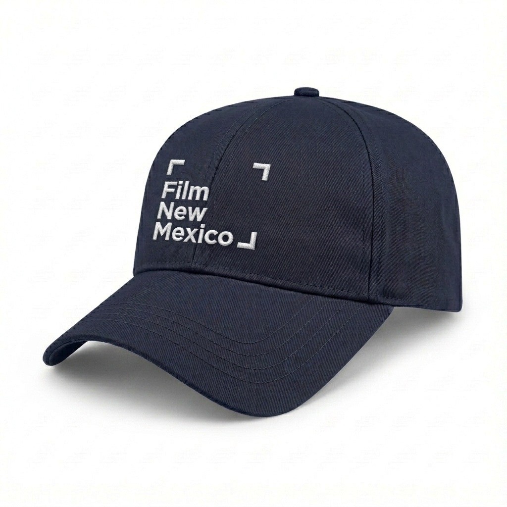 USA-made 6L Navy Brushed Denim baseball cap, decorated view, manufactured in Newark NJ