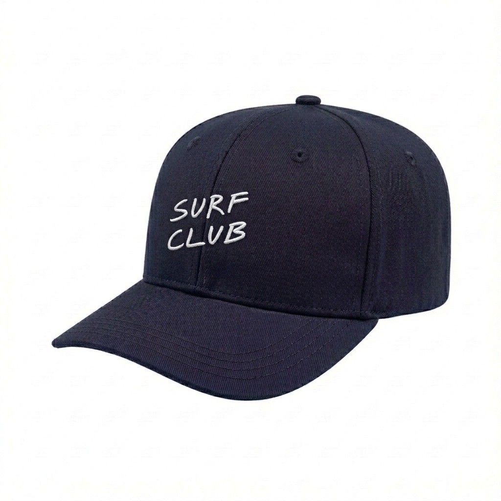 USA-made 6S Navy Brushed Denim baseball cap, decorated view, manufactured in Newark NJ