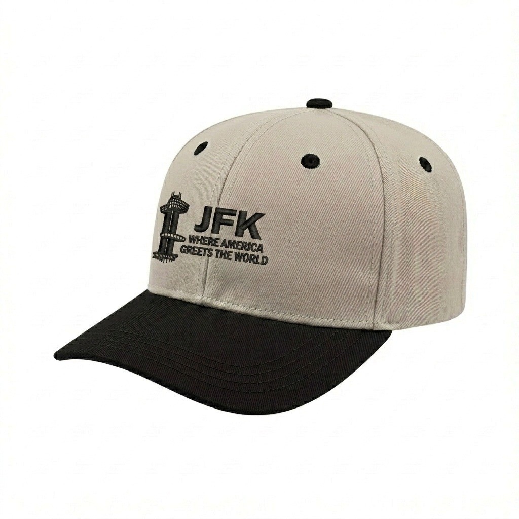 USA-made 6S Putty-Black Brushed Denim baseball cap, decorated view, manufactured in Newark NJ