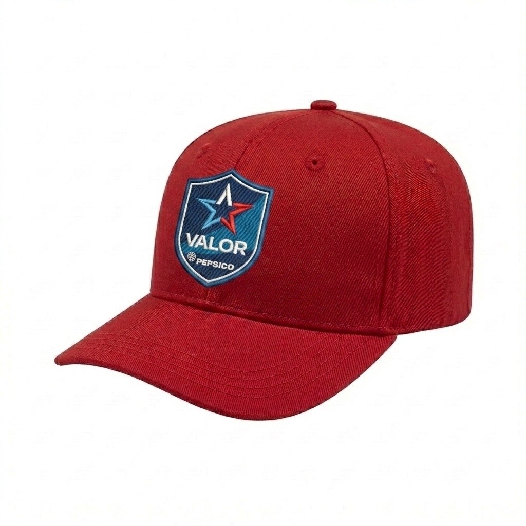 USA-made 6S Red Brushed Denim baseball cap, decorated view, manufactured in Newark NJ