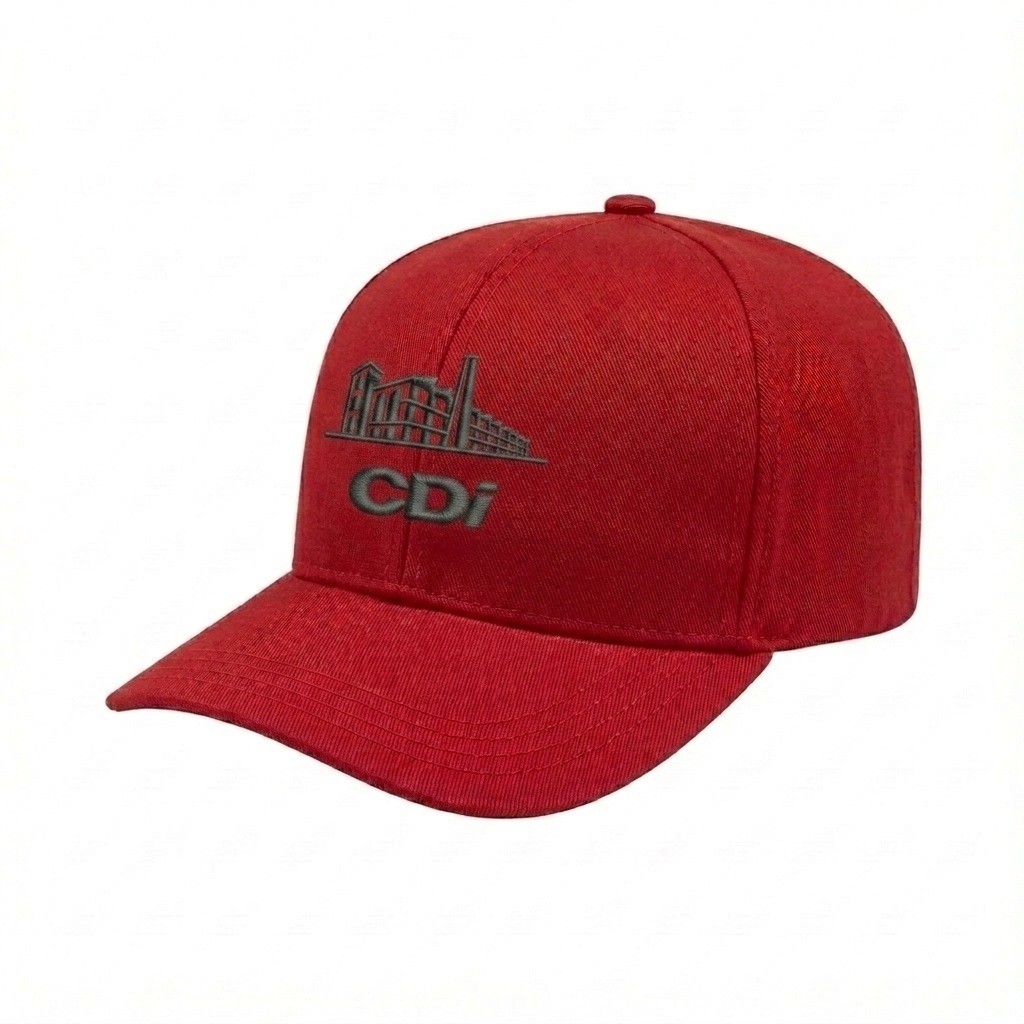 USA-made 6S Red Brushed Denim baseball cap, decorated view, manufactured in Newark NJ