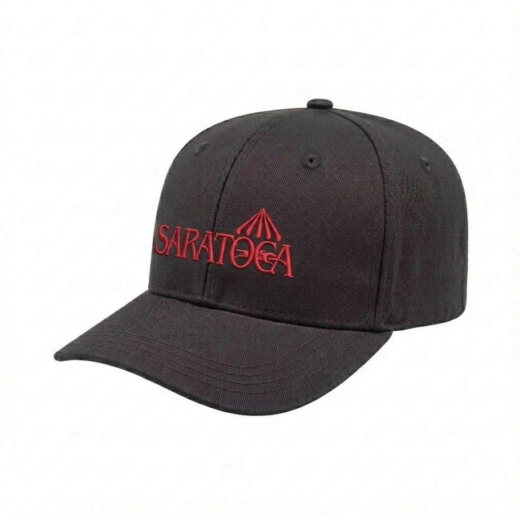 USA-made 6S Dark Gray Brushed Denim baseball cap, decorated view, manufactured in Newark NJ