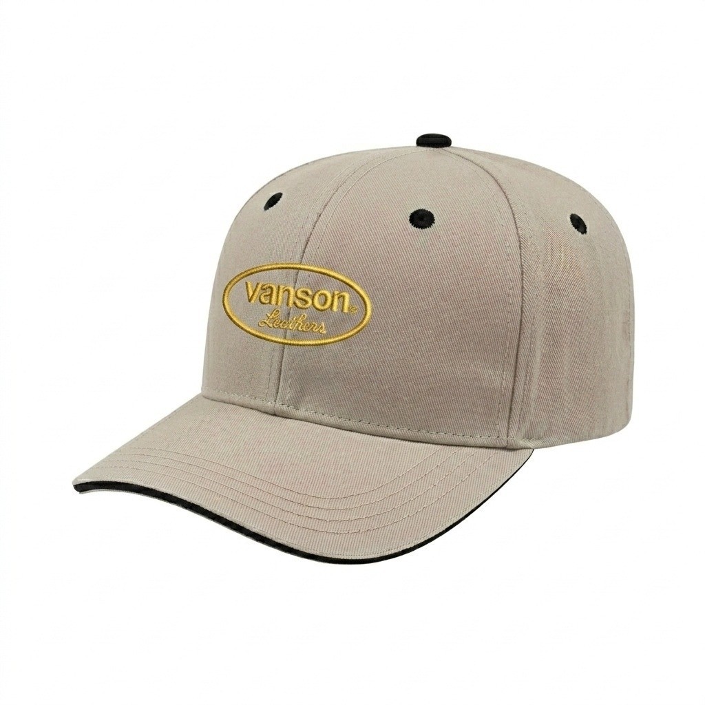 USA-made 6S Putty-Black Brushed Denim baseball cap, decorated view, manufactured in Newark NJ