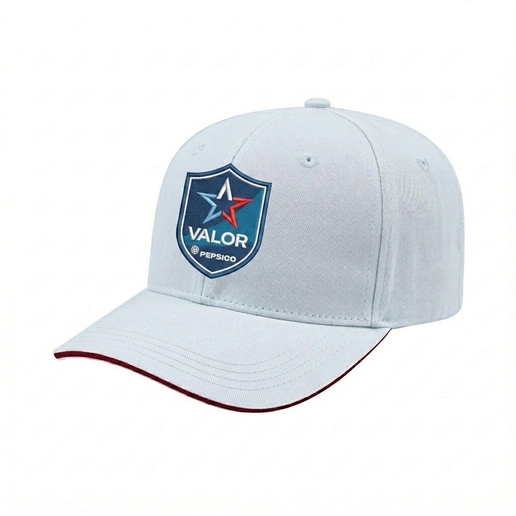 USA-made 6S White-Red Brushed Denim baseball cap, decorated view, manufactured in Newark NJ