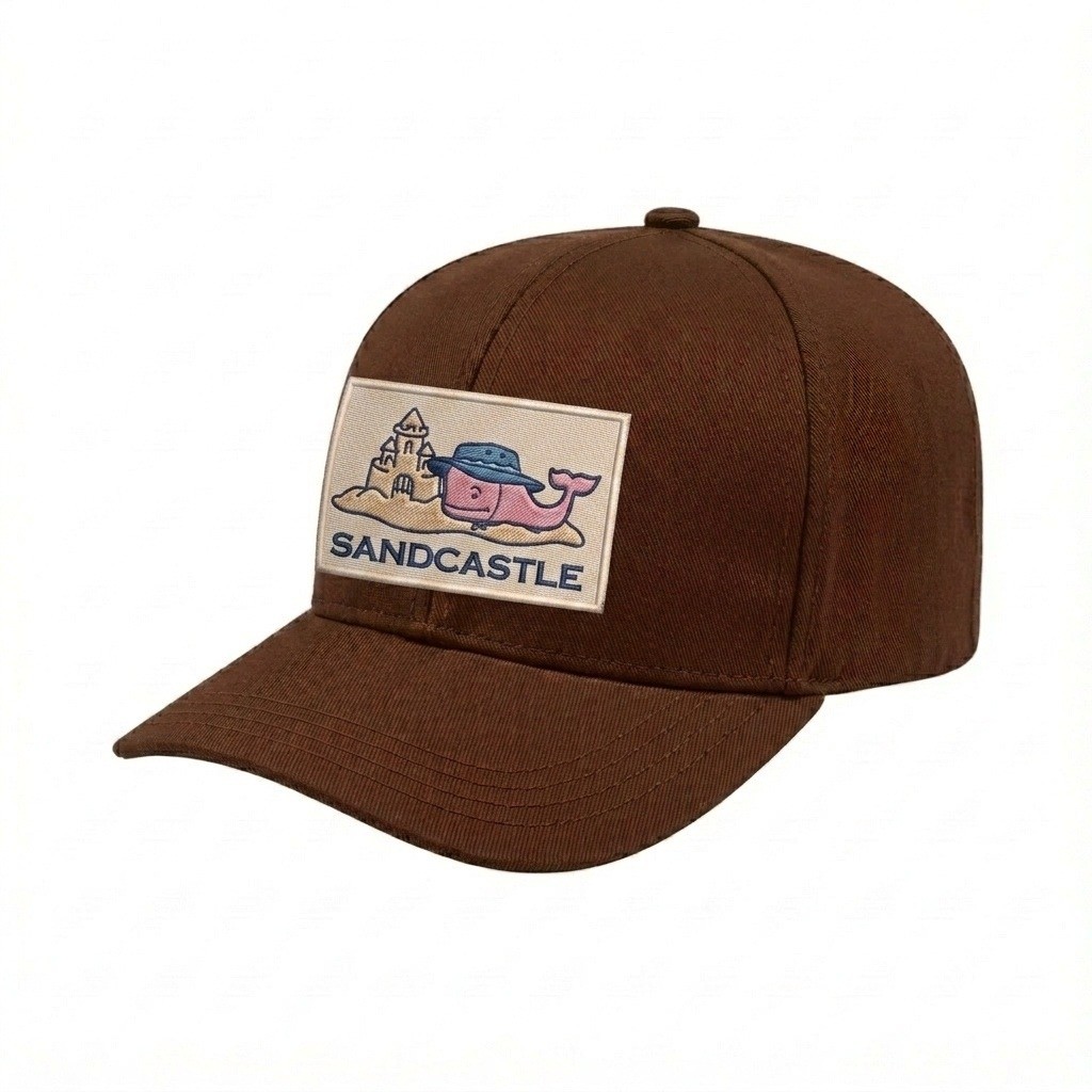 USA-made 6S Brown Brushed Denim baseball cap, decorated view, manufactured in Newark NJ