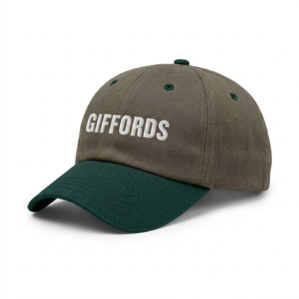 USA-made 6U Khaki-Hunter Green Brushed Denim baseball cap, decorated view, manufactured in Newark NJ
