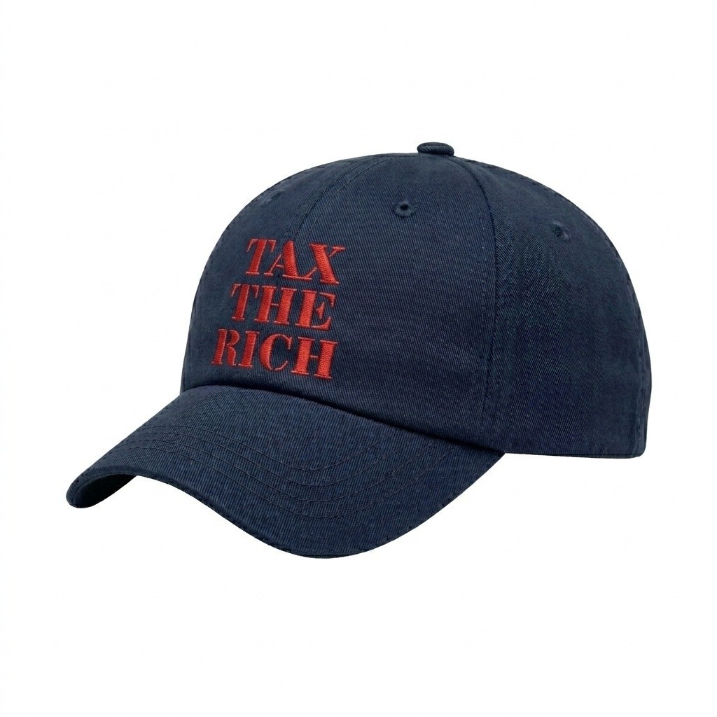 USA-made 6U Navy Brushed Denim baseball cap, decorated view, manufactured in Newark NJ