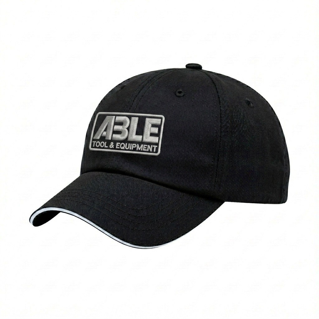 USA-made 6U Black-White Brushed Denim baseball cap, decorated view, manufactured in Newark NJ