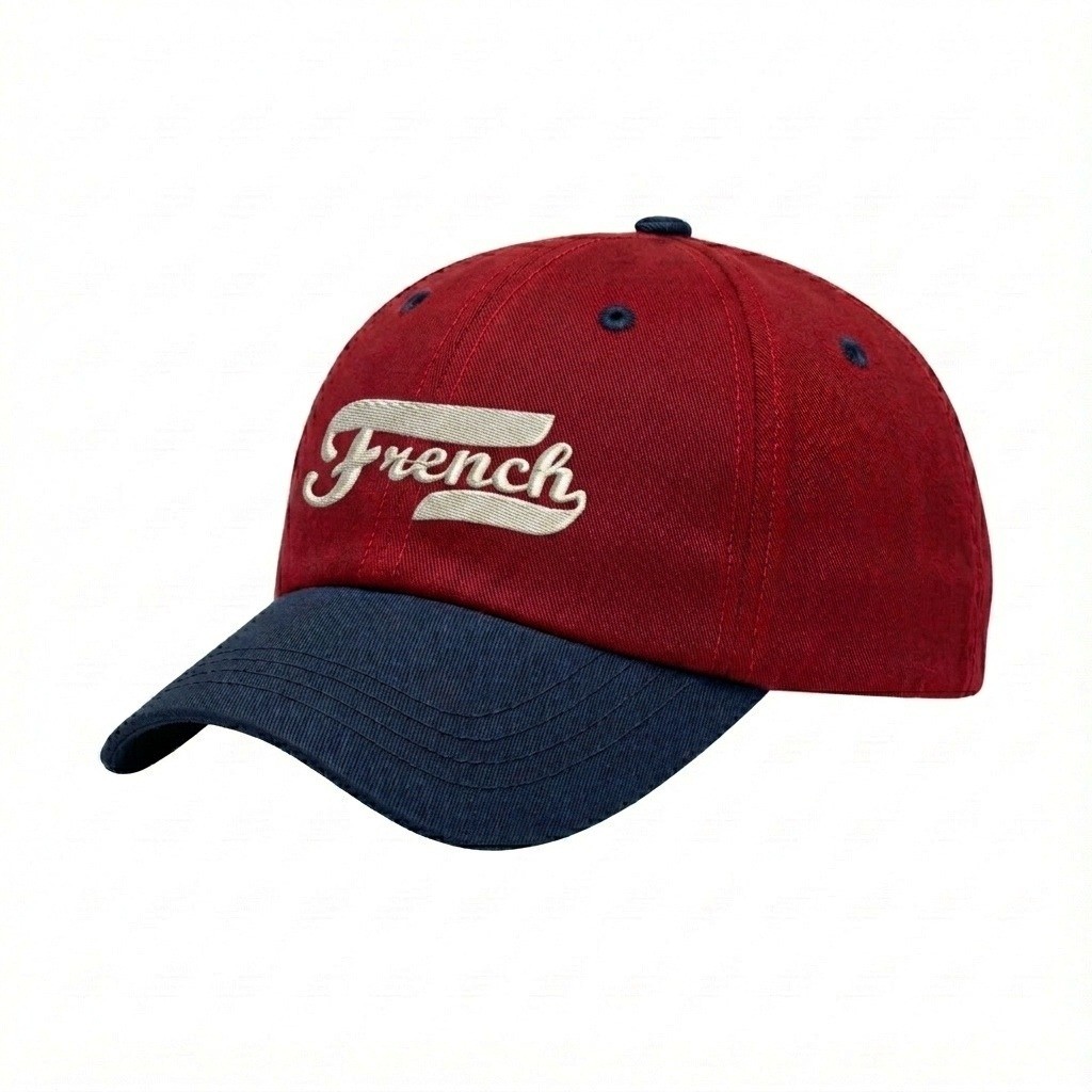 USA-made 6U Red-Navy Brushed Denim baseball cap, decorated view, manufactured in Newark NJ
