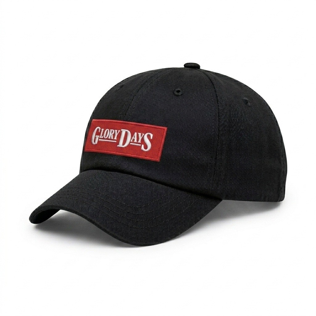USA-made 6U Black Brushed Denim baseball cap, decorated view, manufactured in Newark NJ