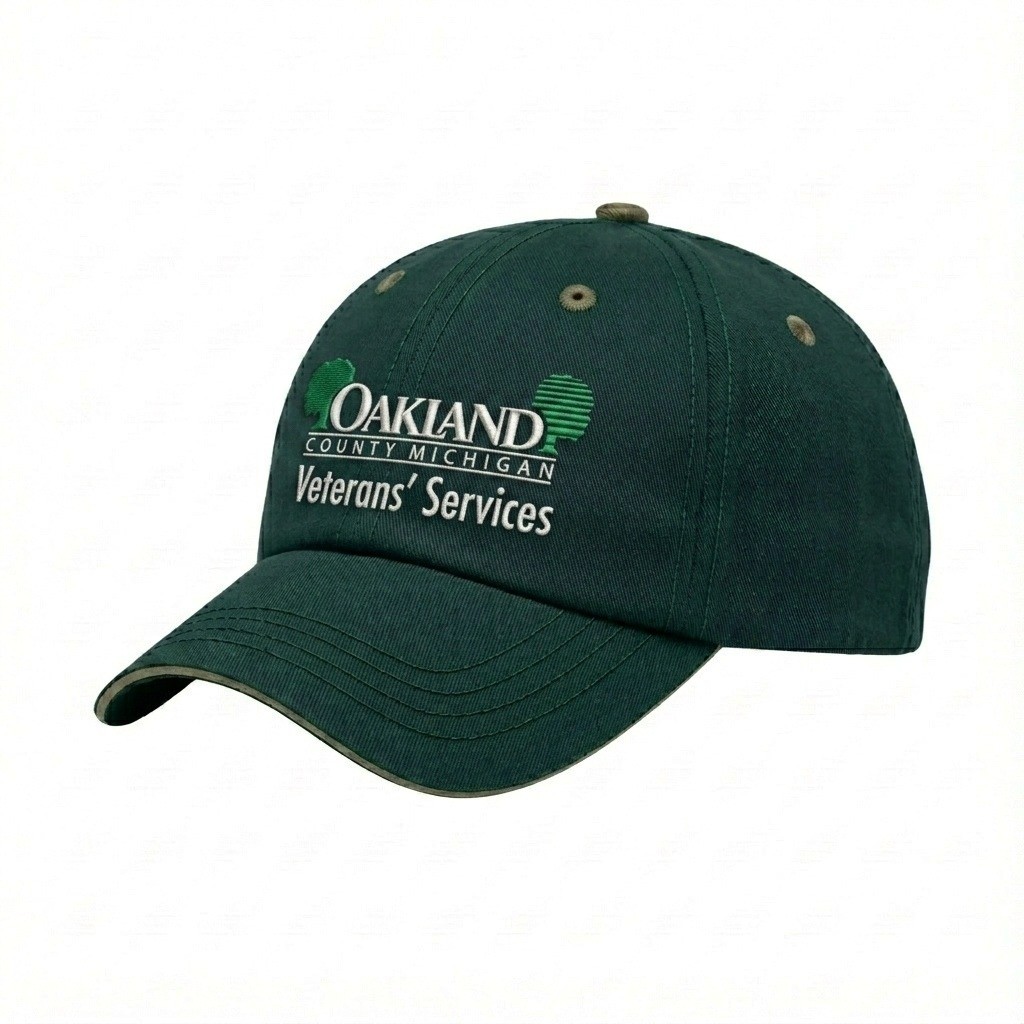 USA-made 6U Hunter Green-Khaki Brushed Denim baseball cap, decorated view, manufactured in Newark NJ