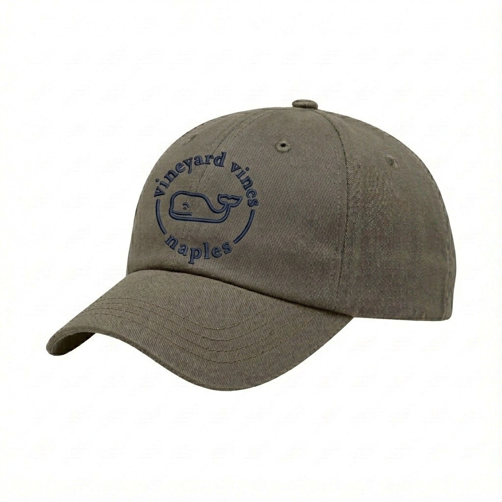 USA-made 6U Khaki Brushed Denim baseball cap, decorated view, manufactured in Newark NJ
