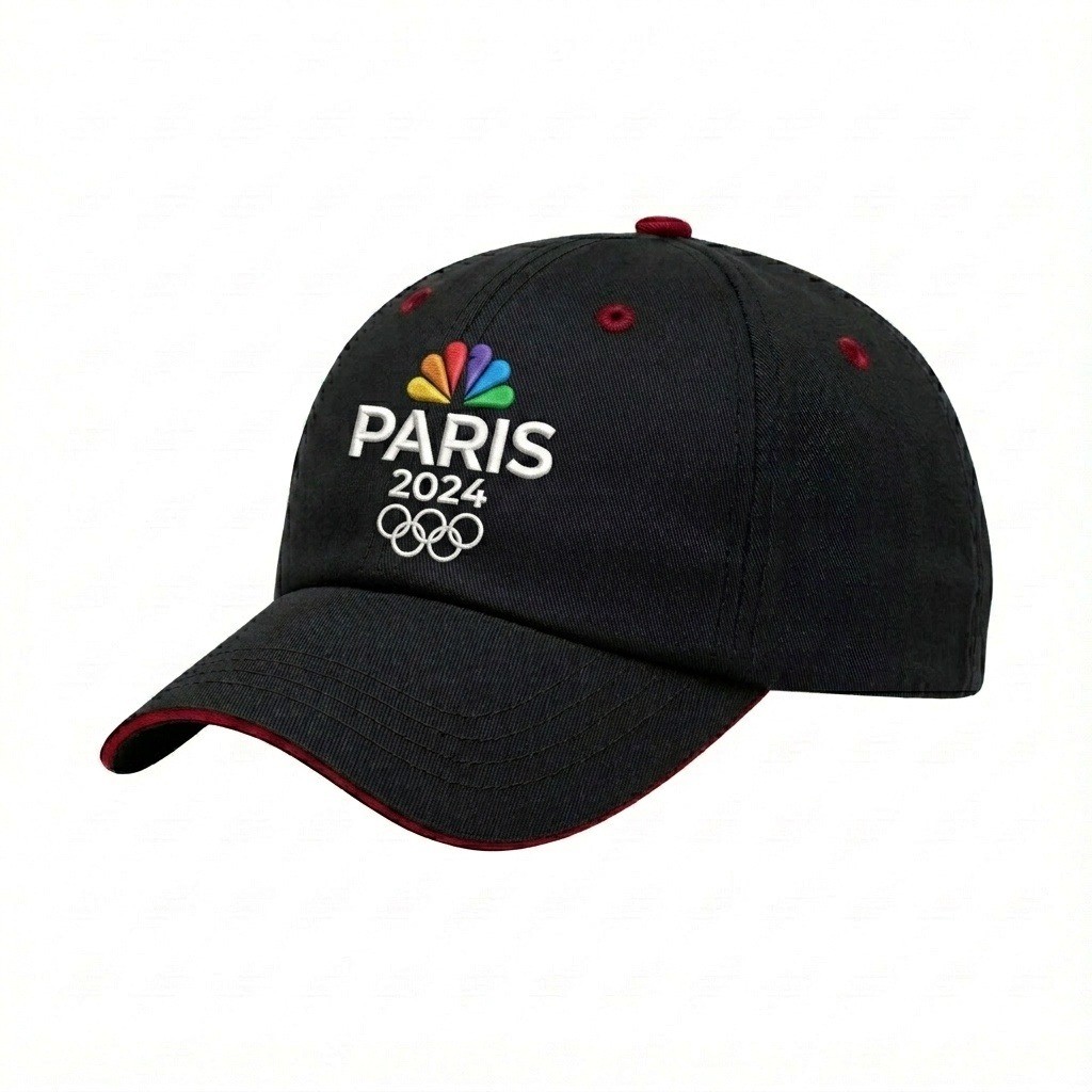 USA-made 6U Black-Red Brushed Denim baseball cap, decorated view, manufactured in Newark NJ