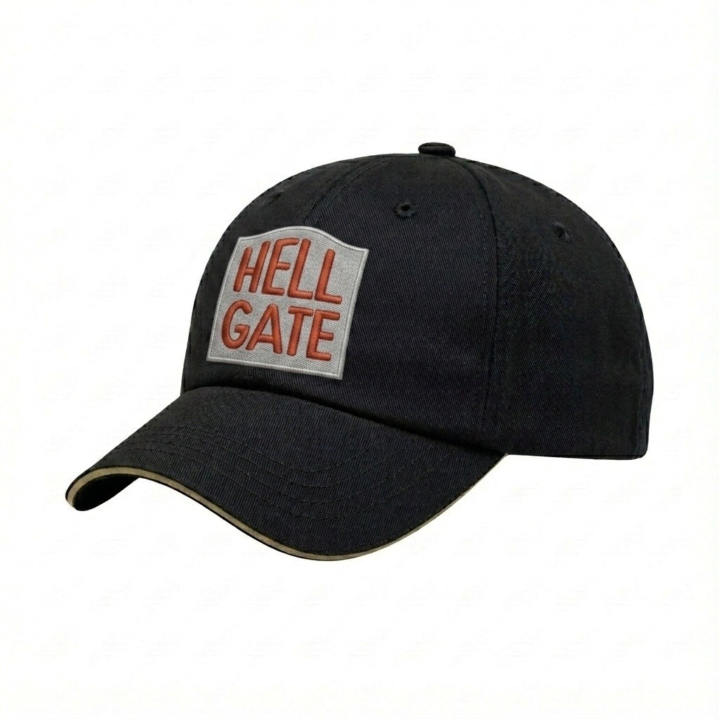 USA-made 6U Black-Khaki Brushed Denim baseball cap, decorated view, manufactured in Newark NJ