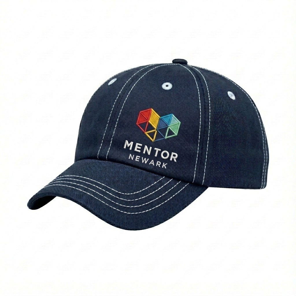 USA-made 6U Navy-White Brushed Denim baseball cap, decorated view, manufactured in Newark NJ