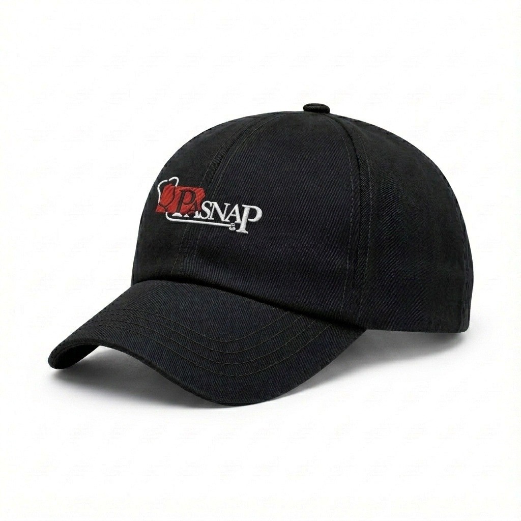USA-made 6U Black Brushed Denim baseball cap, decorated view, manufactured in Newark NJ
