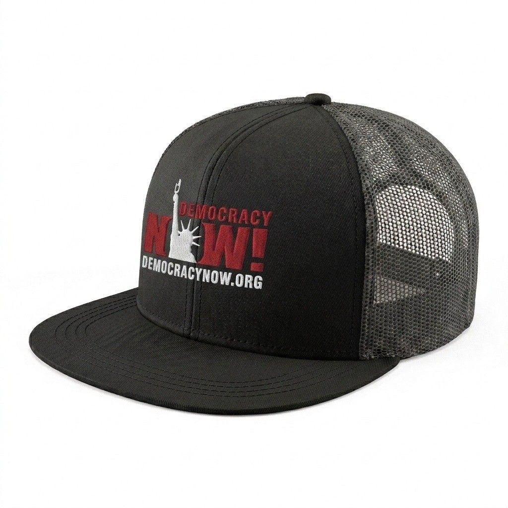 USA-made 6H Black Chino baseball cap, decorated view, manufactured in Newark NJ